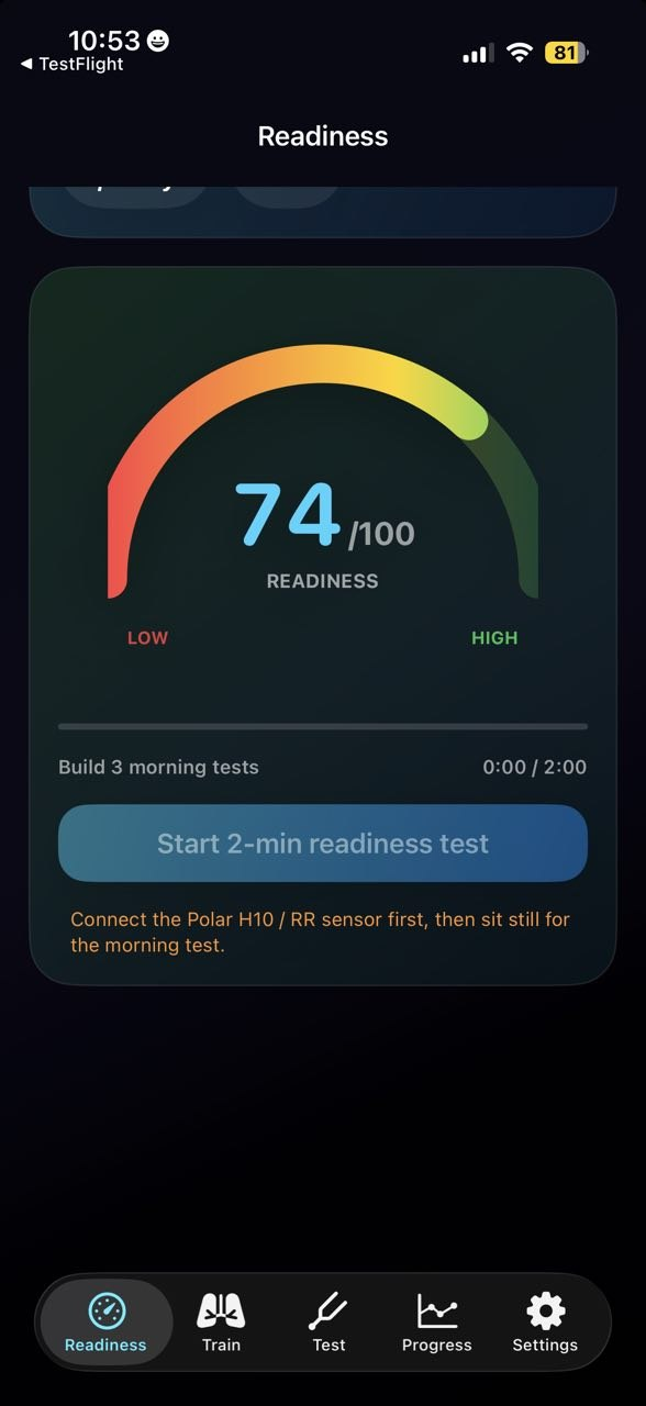 BioResonance readiness result with explainable HRV score
