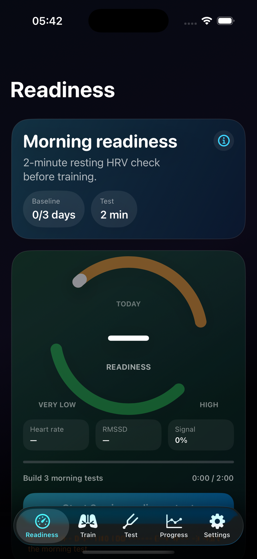 BioResonance Readiness screen showing a morning readiness HRV gauge